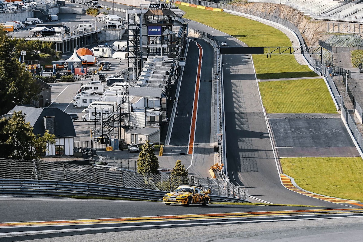 Climbing out of Eau Rouge and up Kemmel Straight — the photo barely does justice to the brutal steepness of this legendary ascent.